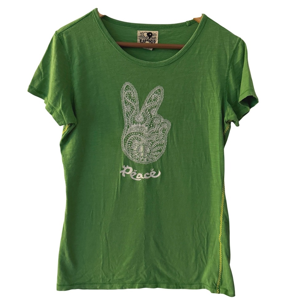 Lucky Brand Peace Sign Graphic Tee Womens Medium Green Excellent Paisley Boho